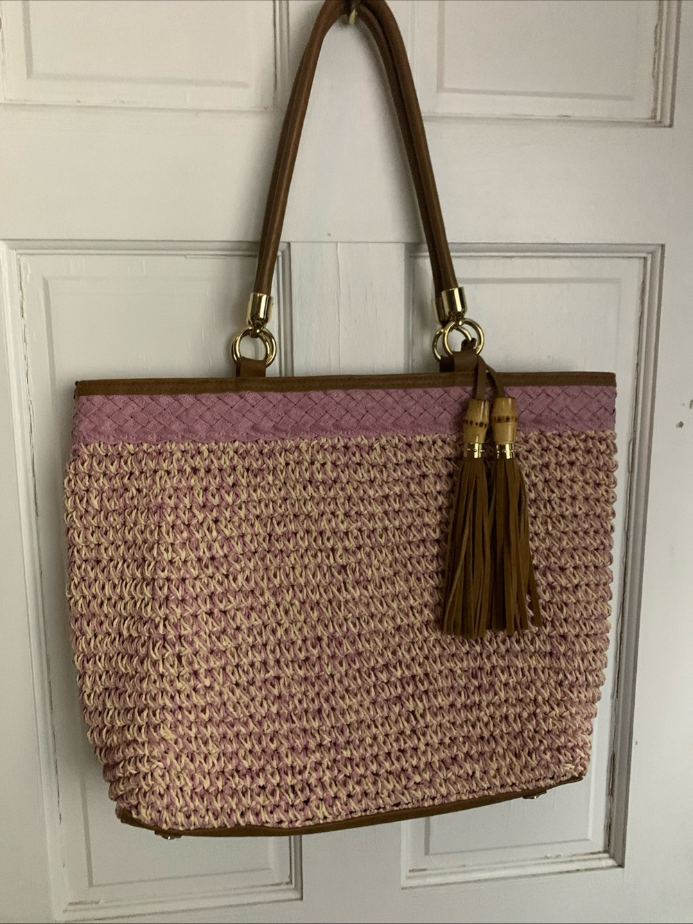 Pink Woven Tote with Tan Leather Handles and Tassel
